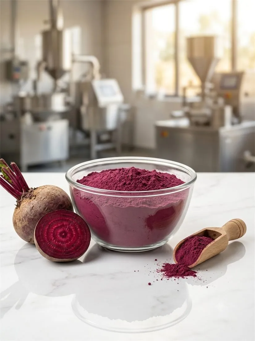 Beetroot powder in glass bowl with fresh beetroot — dehydrated vegetable range