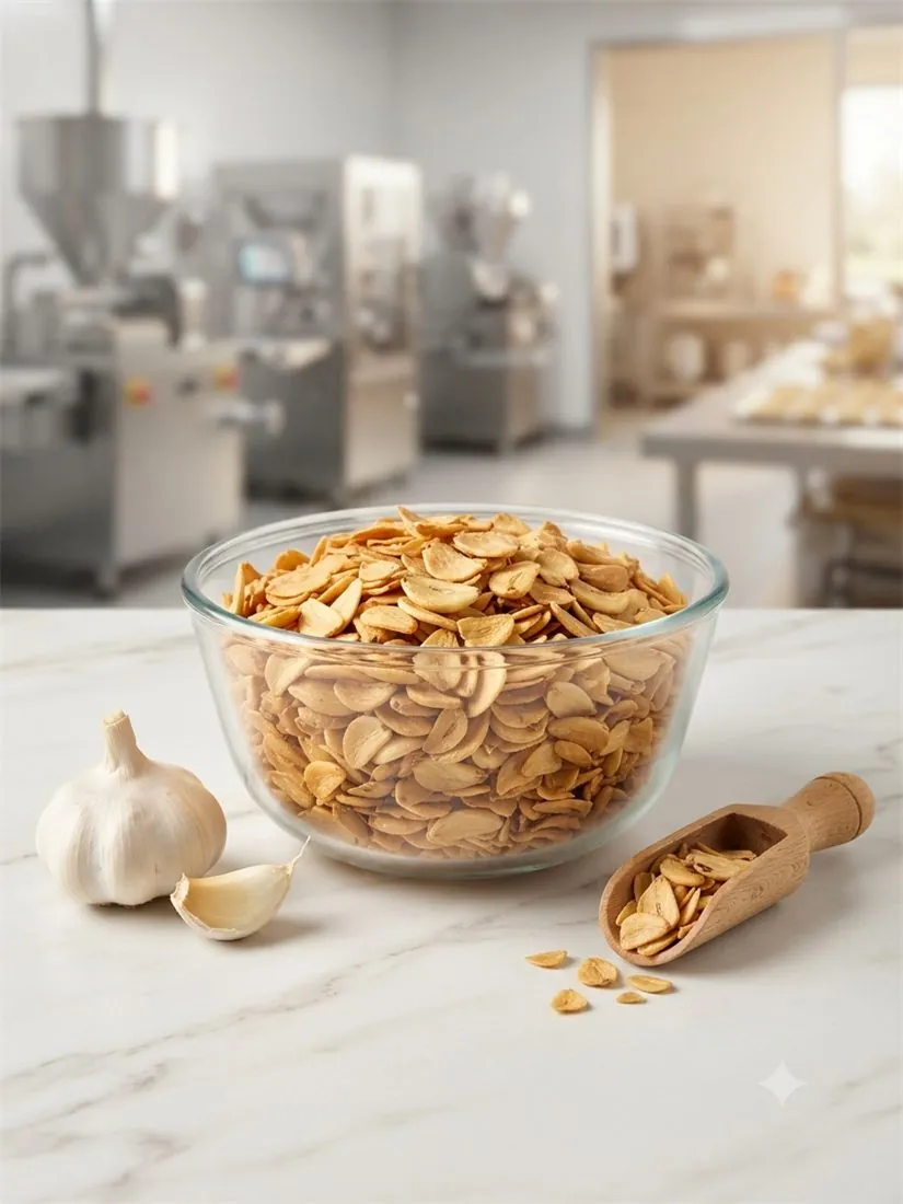 Fried garlic flakes in glass bowl with fresh garlic bulb — export grade