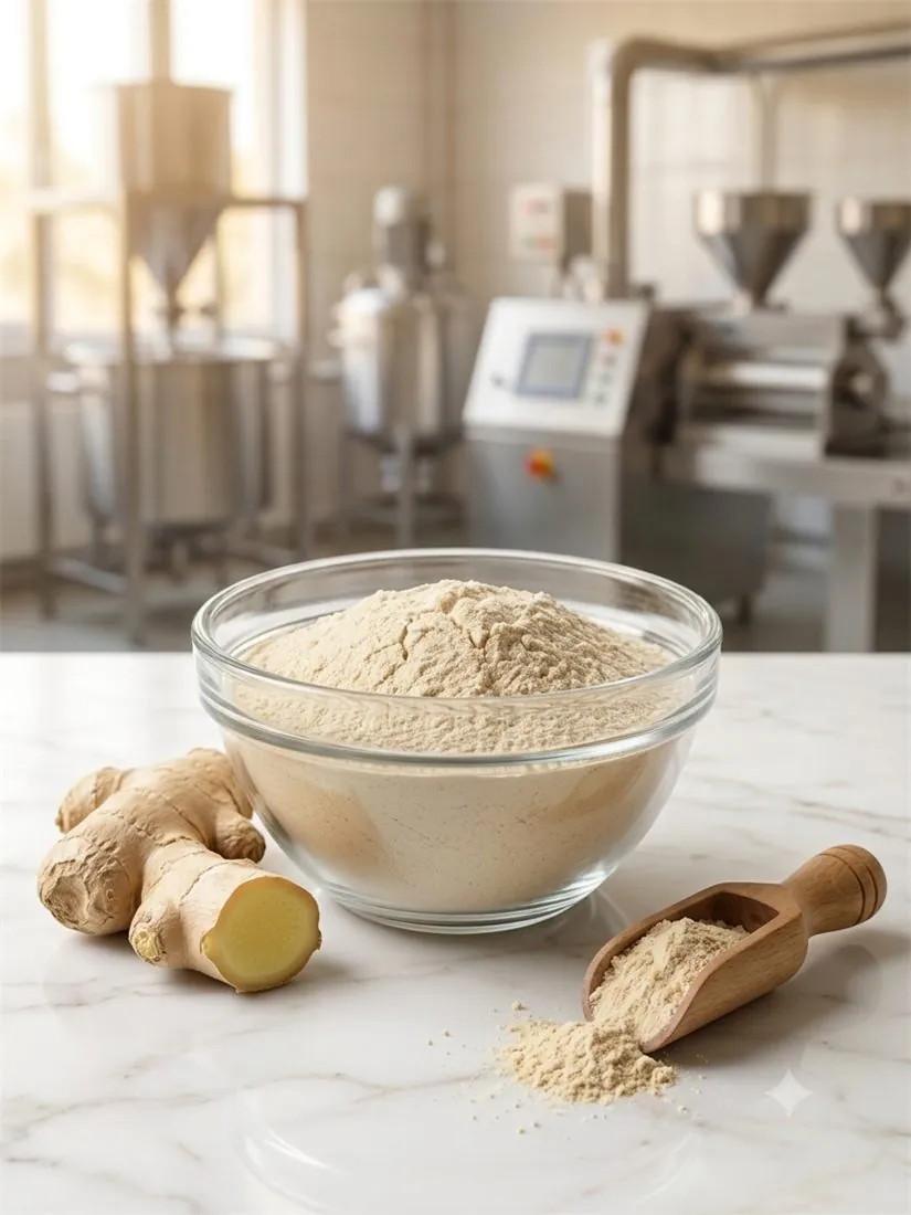 Dehydrated ginger powder in glass bowl with fresh ginger root