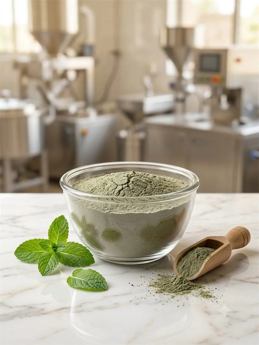 Mint powder in glass bowl with fresh mint leaves — spices and herbs range