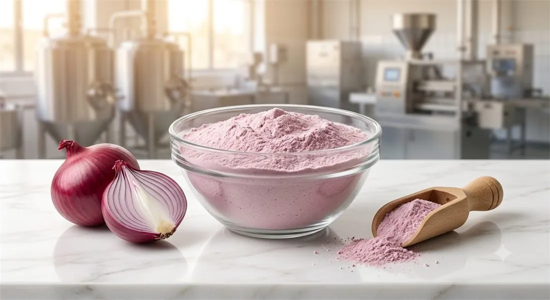 Red onion powder in glass bowl with fresh red onions — export quality